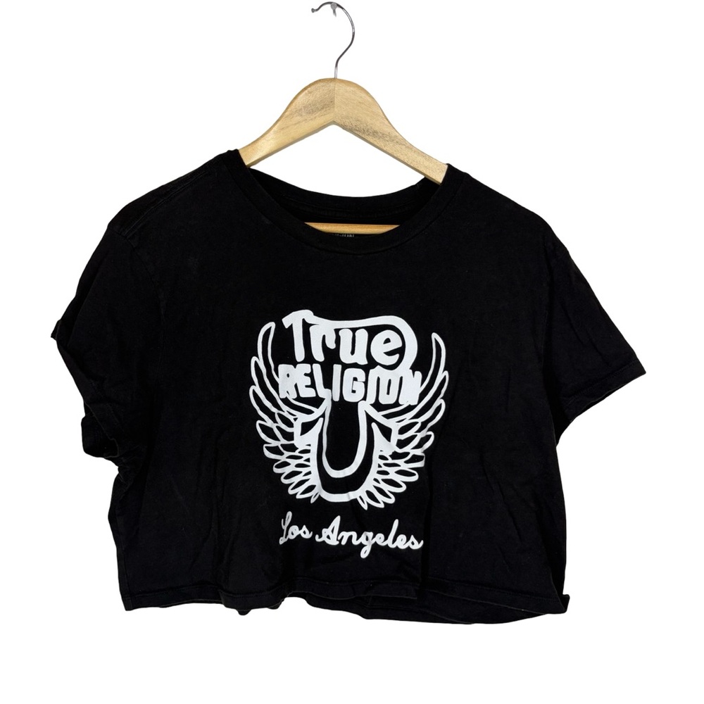 True Religion winged Black cropped short sleeve Logo Tee XL 039T
